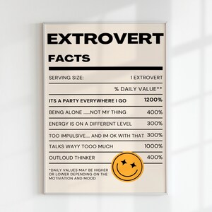 Op de afbeelding: Een beige en witte printbare poster met zwarte tekst die "EXTROVERT FACTS" luidt. De poster is een humoristische infographic over extraverte persoonlijkheidstrekken. Het bevat een glimlachende gele emoji met glinsterende ogen.