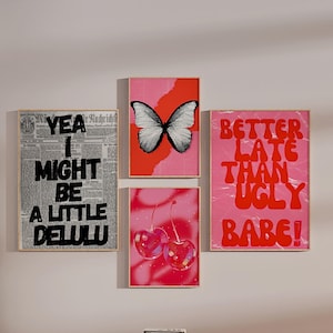 Pink And Red Trendy Home Decor Funky College Apartment Decor Aesthetic Funny Girly Set Of 4 Preppy Wall Print Cherry Maximalist Bedroom Art