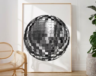 Retro Disco Ball Print: Black and White 70s Decor (Digital Download)