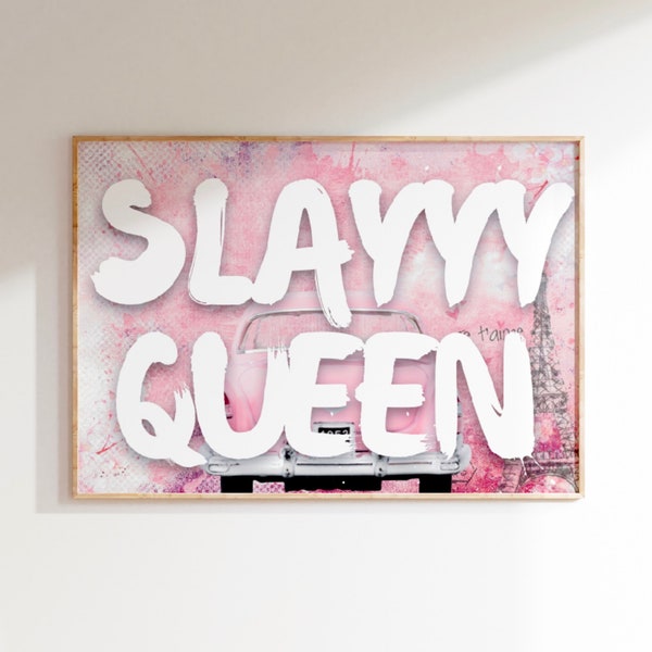 SLAY QUEEN Paris Pink Wall Decor|Trendy Girly Printable Paintings|Motivational Preppy Wall Art Bedroom|Horizontal Aesthetic Above Bed Poster
