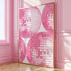 Impresión de pared con estilo preppy, disco y groovy rosa de los años 70, póster de apartamento maximalista rosa estético, impresiones de carrito de bar con bola de discoteca rosa, decoración de habitación retro para chica.