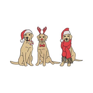 May include: Three embroidered Labrador Retrievers in festive holiday attire. One wears a Santa hat and holds a candy cane, another has reindeer antlers and a bow tie, and the third is wearing a Santa hat and a red scarf.