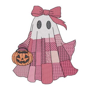 Può includere: Un fantasioso disegno di fantasma con un fiocco rosa e un vestito patchwork, che tiene in mano una lanterna a forma di zucca arancione. Il volto del fantasma ha due occhi ovali. L'abito presenta vari motivi rosa. Ideale per creazioni e decorazioni a tema Halloween.