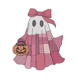 Coquette Ghost Machine Embroidery | Roze strik patchwork Halloween ontwerp | Summerween Ghost serie | Meisjesachtige griezelige seizoen digitale download