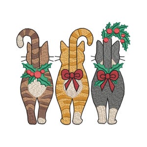 May include: Three embroidered cat designs in brown, orange, and gray, each with a candy cane tail and a festive holly and berry collar. The orange cat has a red bow, while the other two have a holly collar.