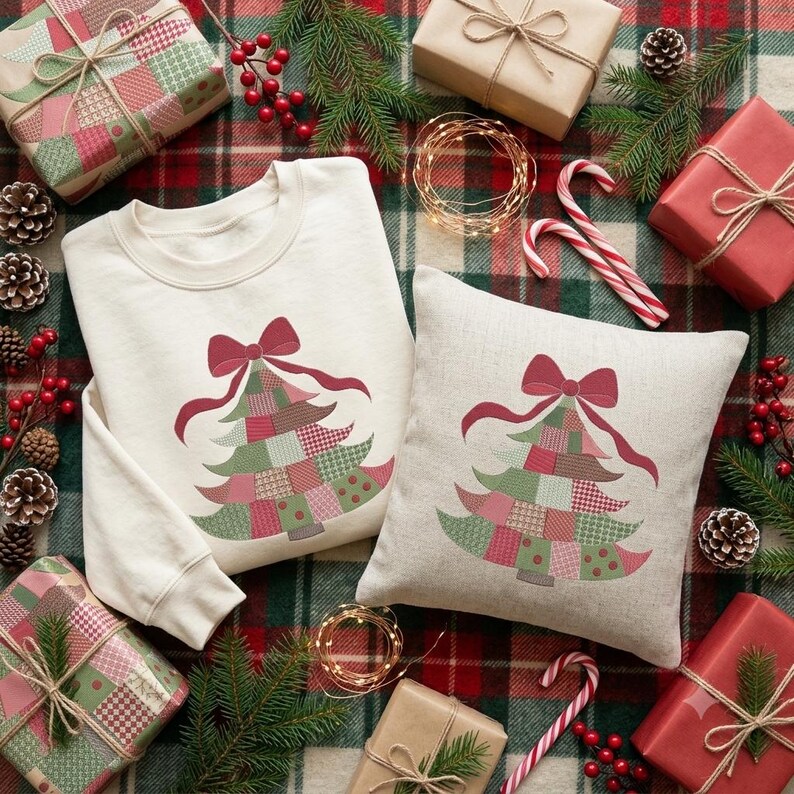 May include: A cream-colored crewneck sweatshirt and a square throw pillow, both featuring a graphic of a patchwork-style Christmas tree topped with a red bow. The tree design consists of various green, red, and pink patterned squares.