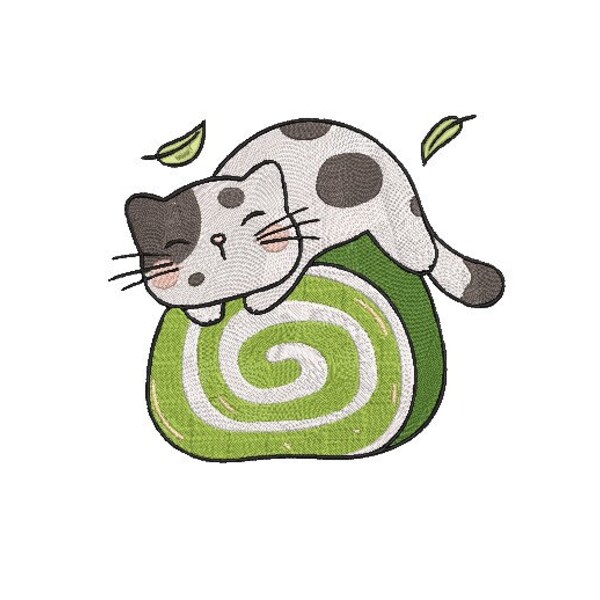 Sweet Matcha Cat 4 Machine Embroidery Design | Kawaii Chibi Style | 5 Sizes | 8 Formats