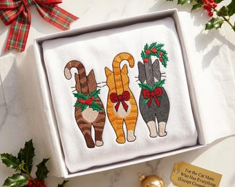 Christmas Cat Trio Embroidery Design, Holiday Machine Embroidery File, Cat Mom Gift, Christmas Shirt Tote Bag Digital Download