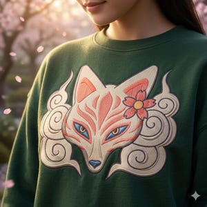 Puede incluir: Sudadera verde con un diseño bordado de una cara de zorro. El zorro tiene pelaje melocotón y blanco, ojos azules y un detalle floral. El diseño está sobre un fondo de nubes. La sudadera es de color verde liso.