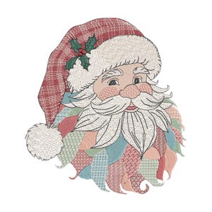 Patchwork Santa Claus Embroidery Design – Whimsical Christmas Quilt Beard & Hat – Digital Machine Embroidery File