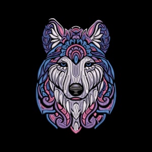 May include: A detailed, stylized illustration of a wolf's head against a black background. The wolf is depicted with intricate patterns in shades of white, blue, pink, and purple, creating a symmetrical design. The wolf has blue eyes and a black nose.