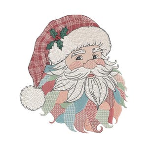 May include: An embroidered Santa Claus head featuring a red and white plaid hat with a white pom-pom and green holly leaves. The beard is composed of various textured fabric patterns in shades of red, green, blue, and peach, with a white moustache.