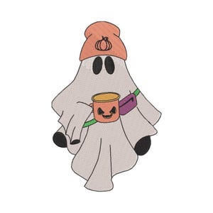 May include: An embroidered patch of a white ghost wearing an orange beanie with a pumpkin icon. The ghost holds an orange jack-o'-lantern mug and wears a purple fanny pack with a green strap. The design features black oval eyes.