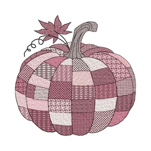 May include: A decorative pumpkin with a patchwork design in shades of pink and white. The pumpkin features a stem, a leaf, and a curly vine. The patchwork consists of various patterns, creating a textured appearance. Ideal for fall decor.