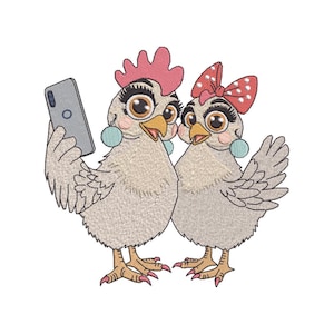 May include: Embroidered design of two cartoon chickens. One chicken holds a gray smartphone, taking a selfie. The chickens have large eyes, pink combs, and wear blue earrings. One chicken has a red bow with white polka dots.