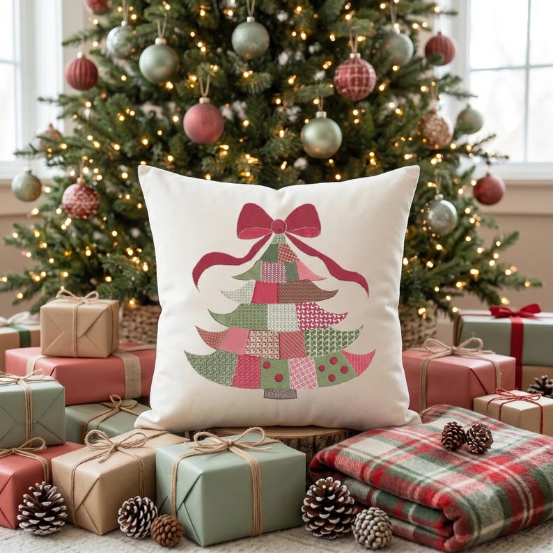 May include: A square off-white throw pillow featuring a central graphic of a stylized Christmas tree composed of various patchwork patterns in shades of green, pink, and red, topped with a large red bow and long flowing ribbons.