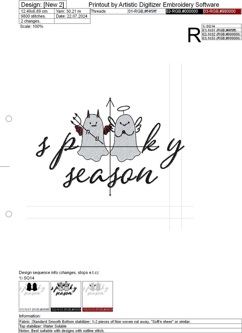 Op de afbeelding: Een borduurontwerp met de tekst "spooky season" in een speels lettertype, vergezeld van twee cartoongeesten, een duivel en een engel. Het ontwerp meet 12,49 cm bij 6,89 cm.