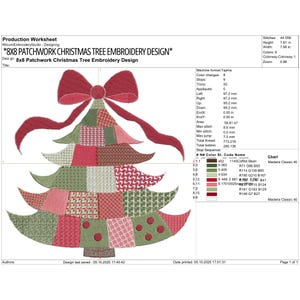 May include: A production worksheet for an 8x8 Patchwork Christmas Tree embroidery design. The graphic features a stylized tree composed of various red, green, and white patterned patches, topped with a large red bow. Technical data is included.