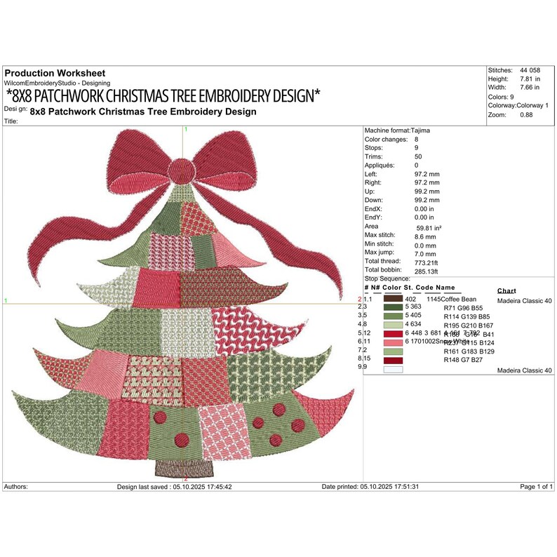 May include: A production worksheet for an 8x8 Patchwork Christmas Tree embroidery design. The graphic features a stylized tree composed of various red, green, and white patterned patches, topped with a large red bow. Technical data is included.