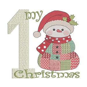 Könnte beinhalten: Gesticktes Design mit einem Schneemann mit roter Mütze und Schal und einem Patchwork-Körper. Die Zahl 1 und die Worte "my Christmas" sind ebenfalls grün gestickt.