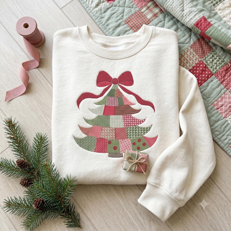 May include: A cream-colored crewneck sweatshirt featuring a central applique of a Christmas tree made from various red, green, and white patterned fabric patches, topped with a large red fabric bow and a small gift box at the base.