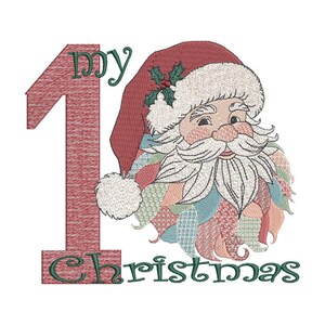May include: Embroidered design featuring Santa Claus with a red hat and white beard. The text "my 1st Christmas" is in green and red. The number "1" is red with a textured pattern. The Santa Claus has a patchwork design on his coat.