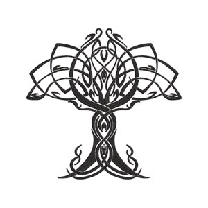 May include: Black Celtic tree of life design. The image features a detailed, symmetrical illustration of a tree with intertwined branches and roots. The artwork is set against a plain white background, highlighting the intricate knotwork.