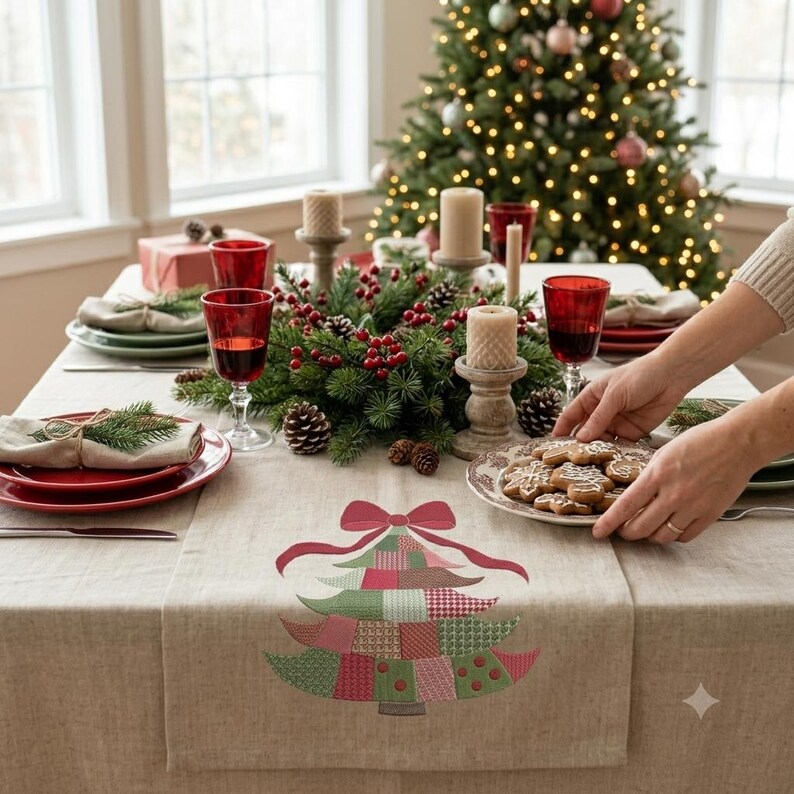 May include: A beige linen table runner featuring a central embroidered Christmas tree design composed of various red, green, and pink patterned fabric patches, topped with a large red bow, laid out on a dining table set for a holiday meal.