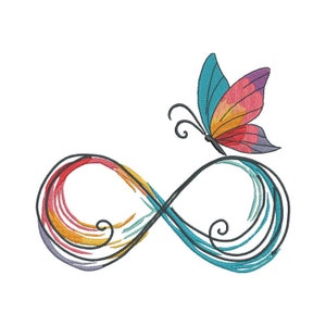 Può includere: Design ricamato con una farfalla colorata sopra un simbolo di infinito. La farfalla ha ali blu, rosa e gialle. Il simbolo dell'infinito è nero con accenti colorati a pennellate in rosso, giallo e blu.