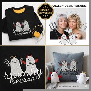Op de afbeelding: Een collage van Halloween-thema-items. Bevat een zwart sweatshirt met een gele kraag en manchetten, een hoofdband, een kussen en pluche speelgoed. Het ontwerp toont engel- en duivelgeestkarakters met de tekst "spooky season".