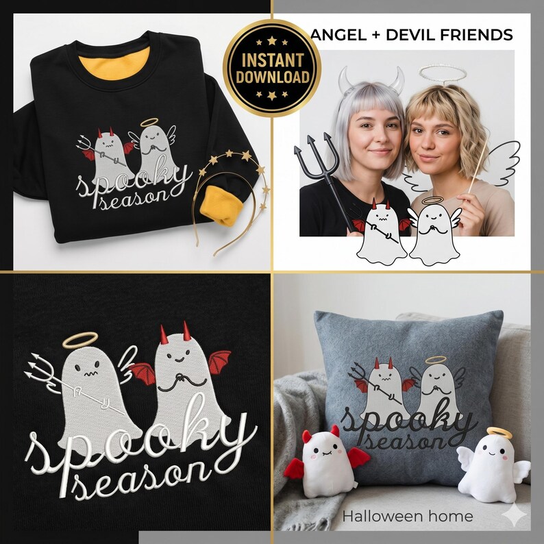 Op de afbeelding: Een collage van Halloween-thema-items. Bevat een zwart sweatshirt met een gele kraag en manchetten, een hoofdband, een kussen en pluche speelgoed. Het ontwerp toont engel- en duivelgeestkarakters met de tekst "spooky season".