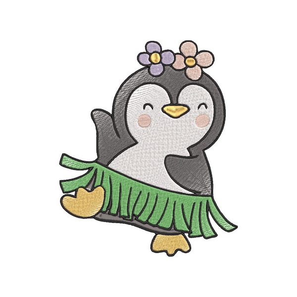 CUTE SUMMER PENGUIN 1, Little Penguin, Flowers, Grass Skirt,  baby embroidery designs,  embroidery designs trendy, Hawaii Embroidery design