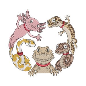Reptile Squad Embroidery Design, Axolotl Gecko Snake Bearded Dragon Exotic Pet Digital Download, Machine Embroidery File, Reptile Lover Gift