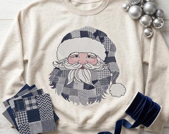 Patchwork Santa Machine Embroidery Design, Christmas Mom Gift, Navy and Silver Holiday Ornament, Instant Download, Quilted Santa Face