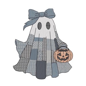 Denim Patchwork Ghost Machine Embroidery, Summerween Ghost Series, Blue Bow Quilted Look Halloween, Shirt Sweatshirt Tote | Instant Download