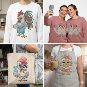 May include: A collection of apparel featuring cartoon chickens. Includes a white sweatshirt with a rooster in a robe, a pink sweatshirt with chickens taking selfies, a beige tote bag with a chicken holding a phone, and a gray apron with a chicken in a robe.