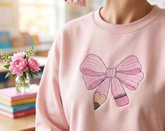 Roze borduurmotief met potloodstrik | Cadeau leraar waardering | Draagtas, shirt, back-to-school, direct downloaden