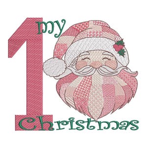 May include: A Christmas-themed design with a smiling Santa Claus face, featuring a white beard and hat, and a pink patchwork design. The number "1" and the words "my Christmas" are in green, creating a festive graphic.