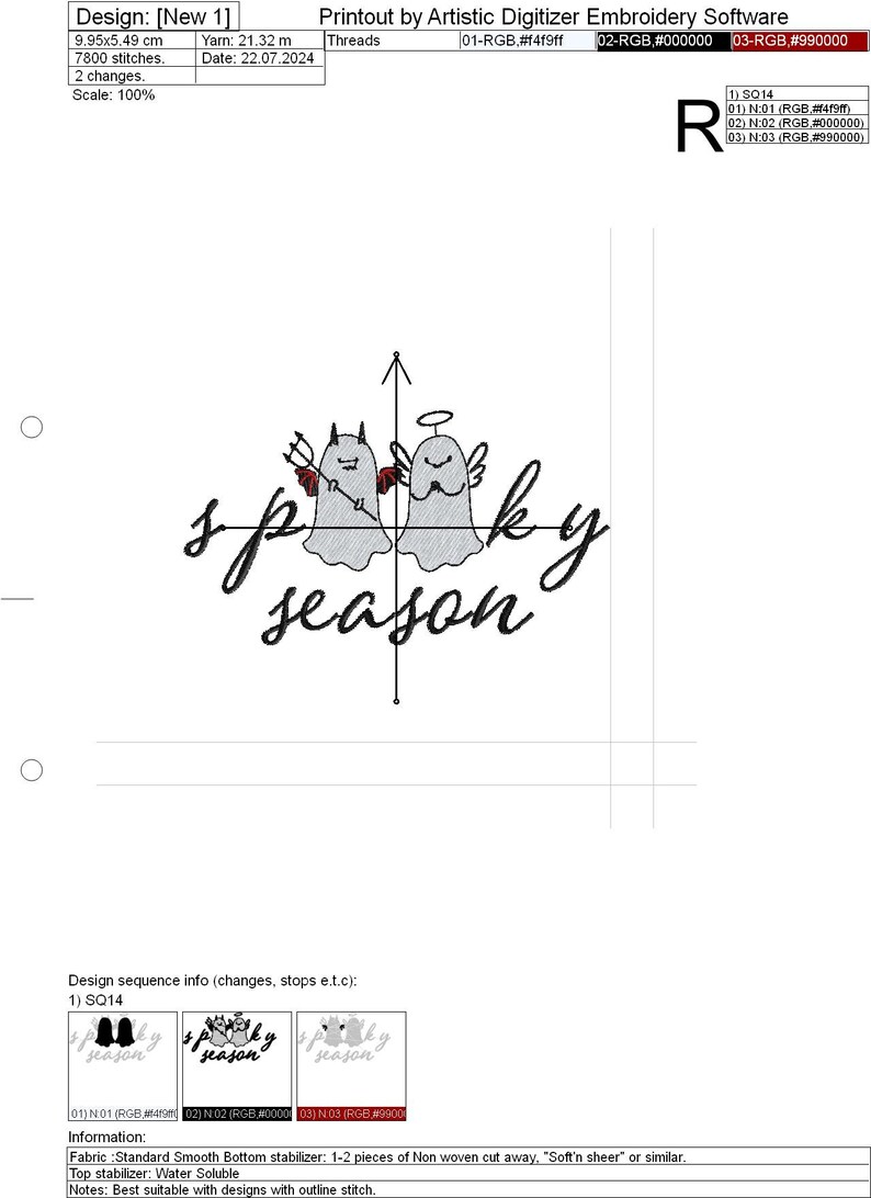 Op de afbeelding: Een borduurontwerp met de tekst "spooky season" en twee cartoongeesten, een duivel en een engel. Het ontwerp is 9,95 cm bij 5,49 cm groot.