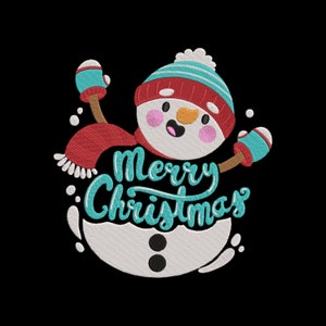 May include: Embroidered image of a snowman wearing a red scarf, hat, and mittens, with the words "Merry Christmas" in turquoise script. The snowman has a carrot nose and rosy cheeks, on a black background.