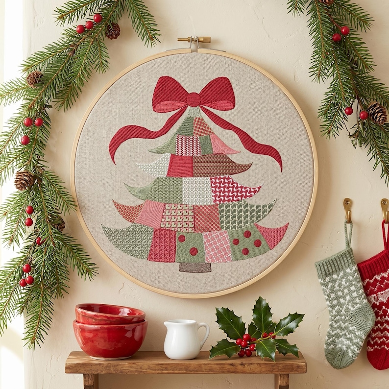 🎄 A whole quilt's worth of charm in one tree — no fabric, no applique, every patch stitched right on your machine. This patchwork Christmas tree layers green, red and blush patches in mixed prints, topped with a generous red bow and trailing ribbon tails. Part of the Patchwork Series in the shop, the festive companion to the Patchwork Santa designs.