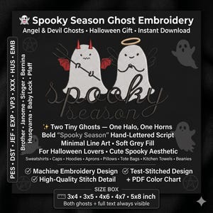 Op de afbeelding: Zwart digitaal ontwerp met twee spookborduurontwerpen, &eacute;&eacute;n met een halo en de andere met hoorns en een drietand. De tekst luidt "Spooky Season Ghost Embroidery" en bevat afmetingen in inches. Perfect voor Halloween-projecten.