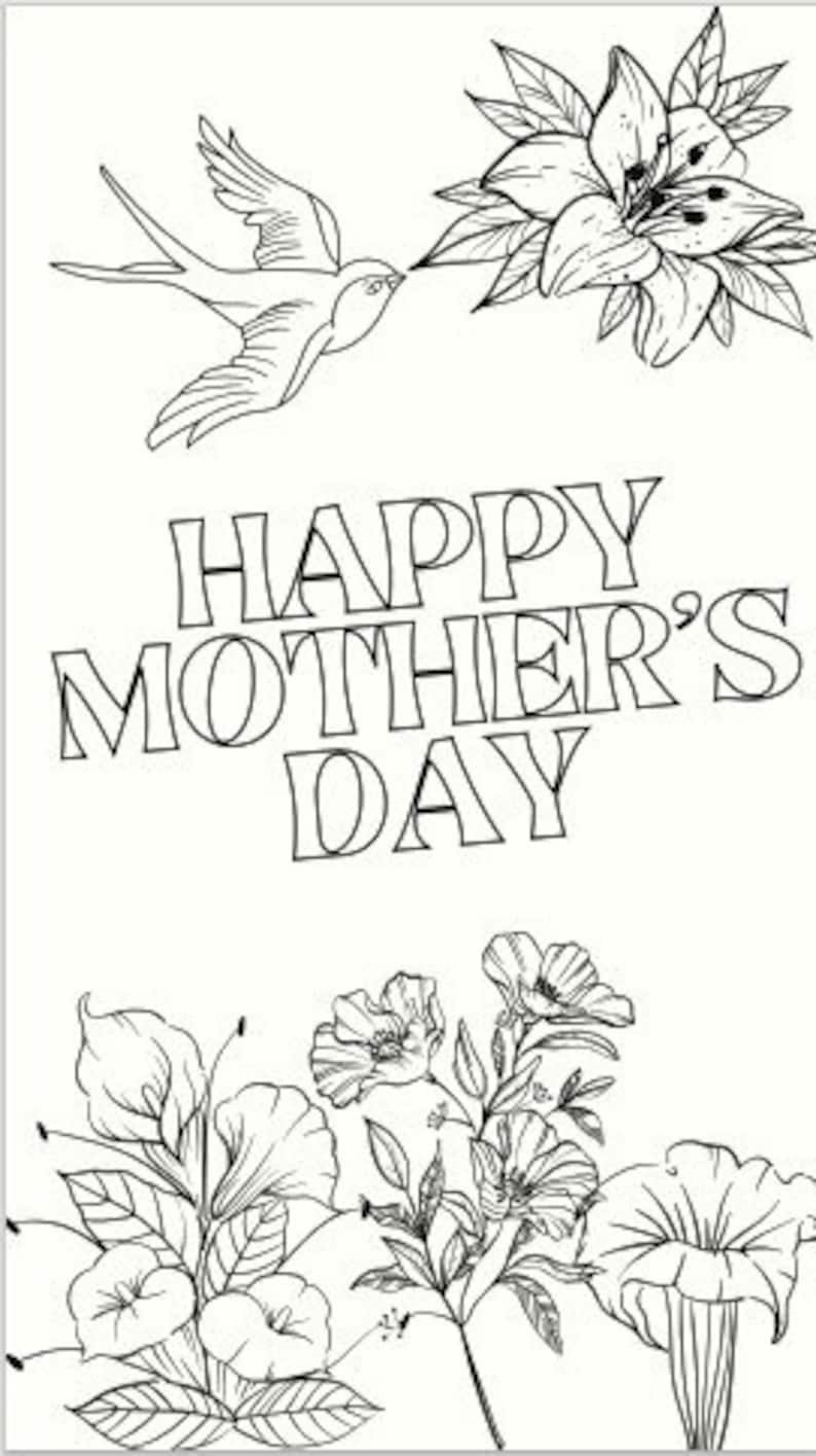 May include: Black and white line art illustration of a bird flying towards a lily flower with the text "Happy Mother's Day" below. The bottom of the image features a bouquet of flowers.
