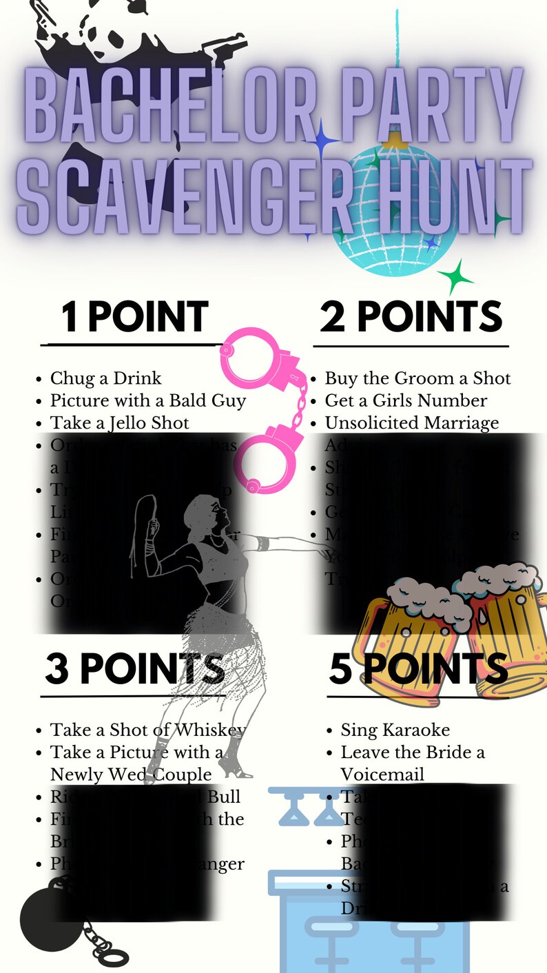 Bachelor Party Scavenger Hunt, Printable Party Game, Full Page or Half