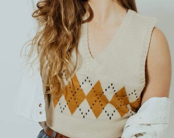 Y2K Vintage Style Knit Argyle Sweater Vest, Trendy Loose V-Neck Knitted Vest / Autumn wear / Winterwear/ Springwear / Streetwear/ Preppy