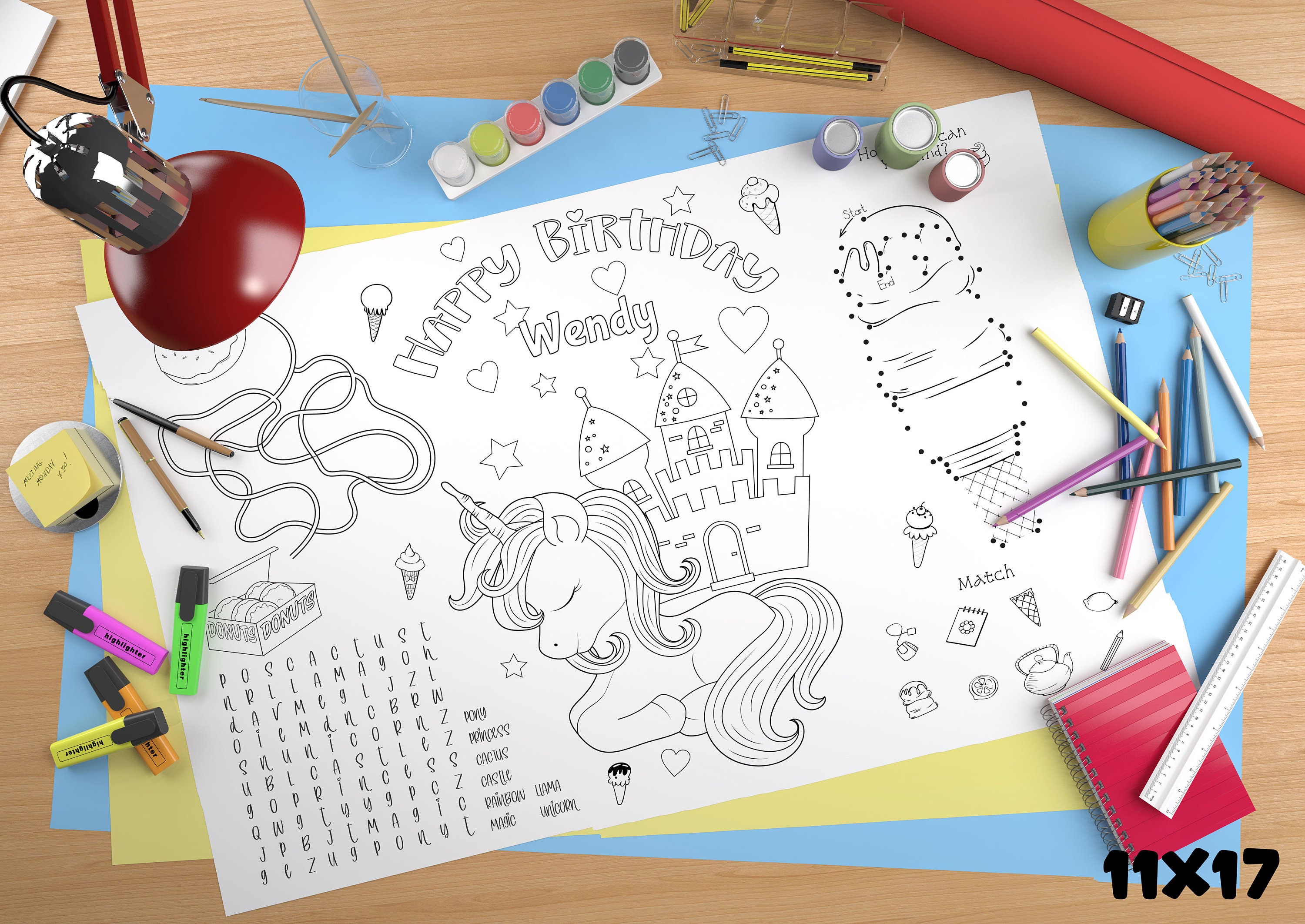 Unicorn Kids Birthday Placemat Sheet Template INSTANT - Etsy