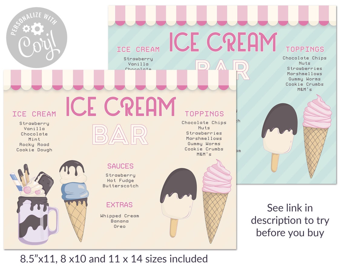 Editable Ice Cream Sundae Sign , Ice Cream Bar Template, DIGITAL ...