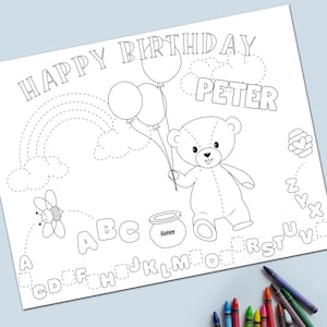 Kids Birthday Placemat, Editable Teddy Bear Coloring Placemat, Template,  INSTANT DOWNLOAD, Printable, coloring Matt,  Toddler