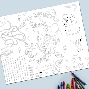 Unicorn Kids Birthday Placemat Sheet, Template,  INSTANT DOWNLOAD, Printable, Birthday Party, Coloring Matt, Activity Mat