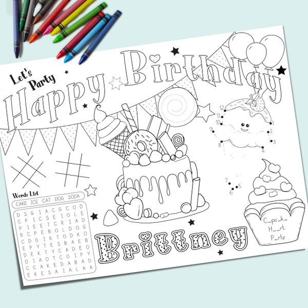 Kids Birthday Placemat,  Cake  and Ice Cream Coloring Mat, Template,  INSTANT DOWNLOAD, Printable, Birthday Party, Activity Mat